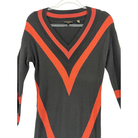 Ted Baker wool blend maxi sweater dress black burgundy stripe Vneck chic winter - Picture 4 of 8